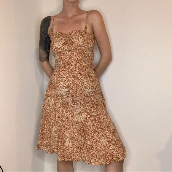Vintage Midi Orange/Cream Beach Summer Dress, women's size Small - Picture 2 of 12